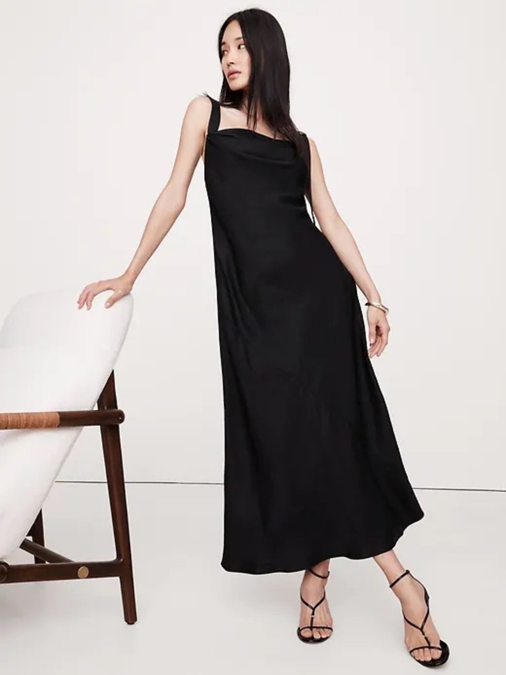 NWT! BANANA REPUBLIC BLACK DRAPED VISCOSE-LINEN MAXI DRESS - SMALL TALL 🌅2️⃣